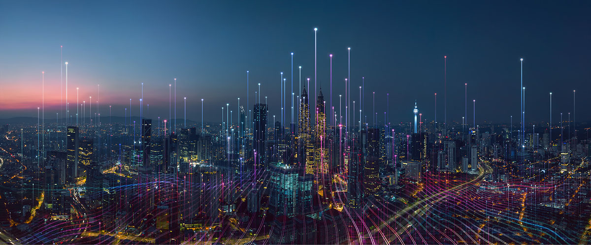 Smart city and abstract dot point connect with gradient line and aesthetic Intricate wave line design , big data connection technology concept