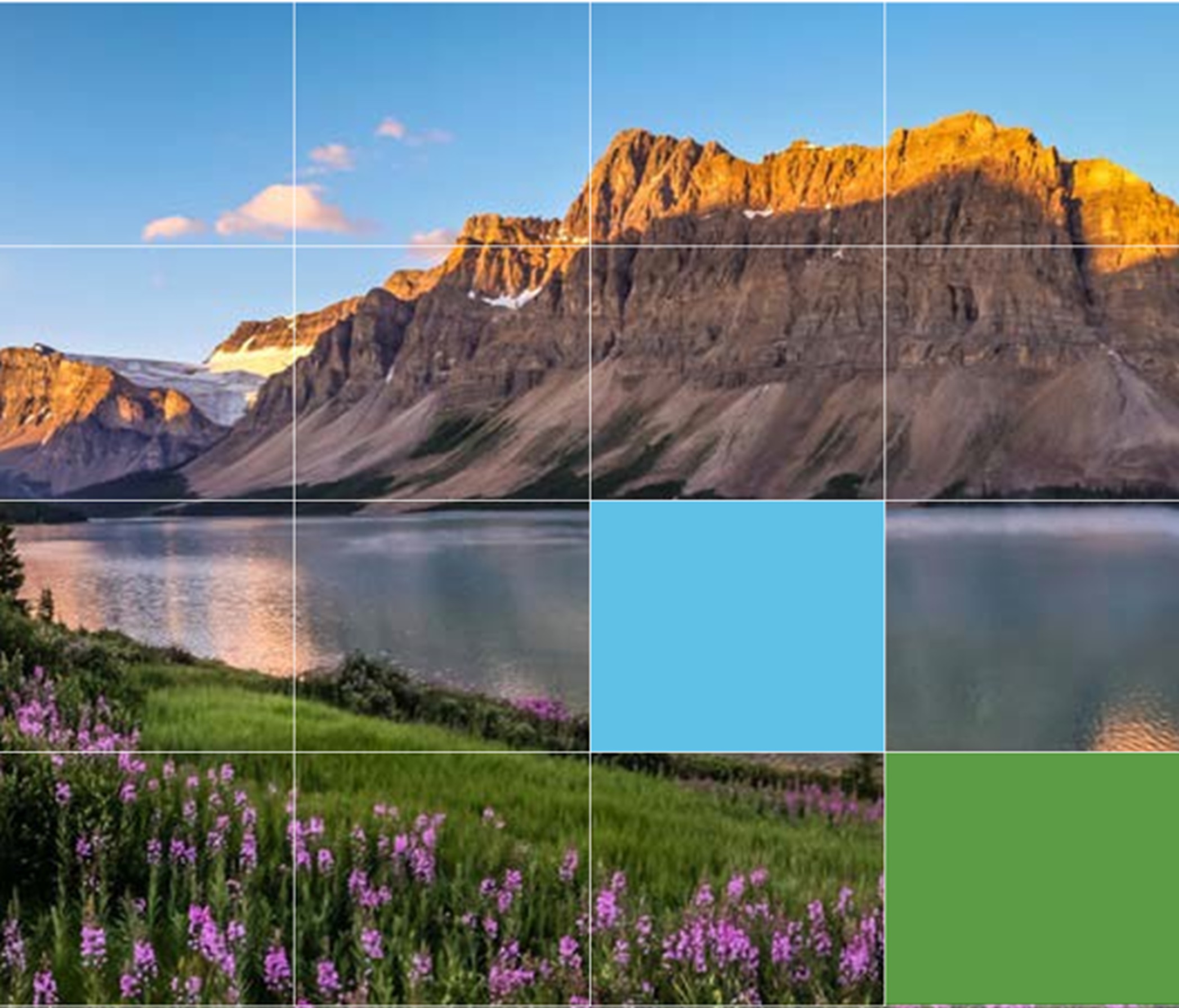 Vue panoramique sur les montagnes et le lac, avec une grille superposée et deux carrés de couleur dans les parties inférieures.