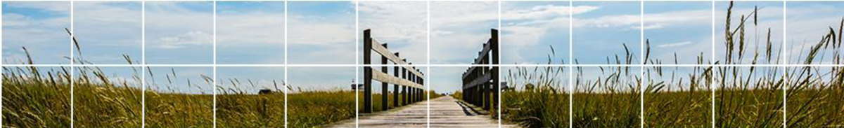 La photo montre un pont en bois dans un grand champ sous un ciel bleu.