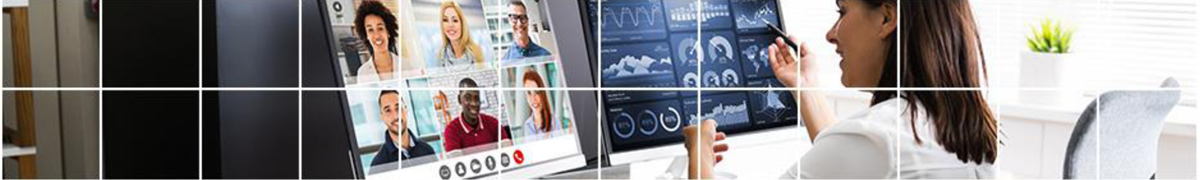 Pictured is an office worker communicating with six colleagues via video conference technology.