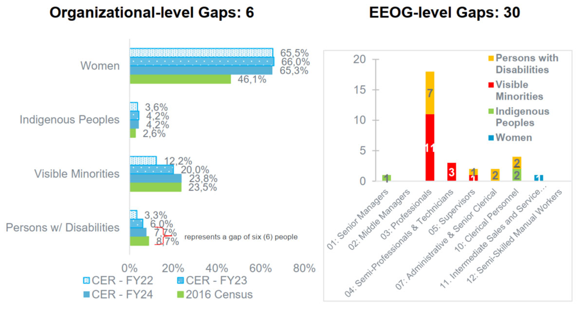 Employment Equity gaps by group and job type, based on 2024 data and 2016 Census benchmarks