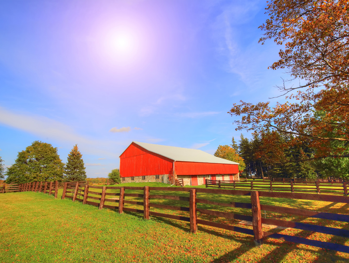 Figure&nbsp;1 &ndash; Red barn at the end of fields lines with wood fences