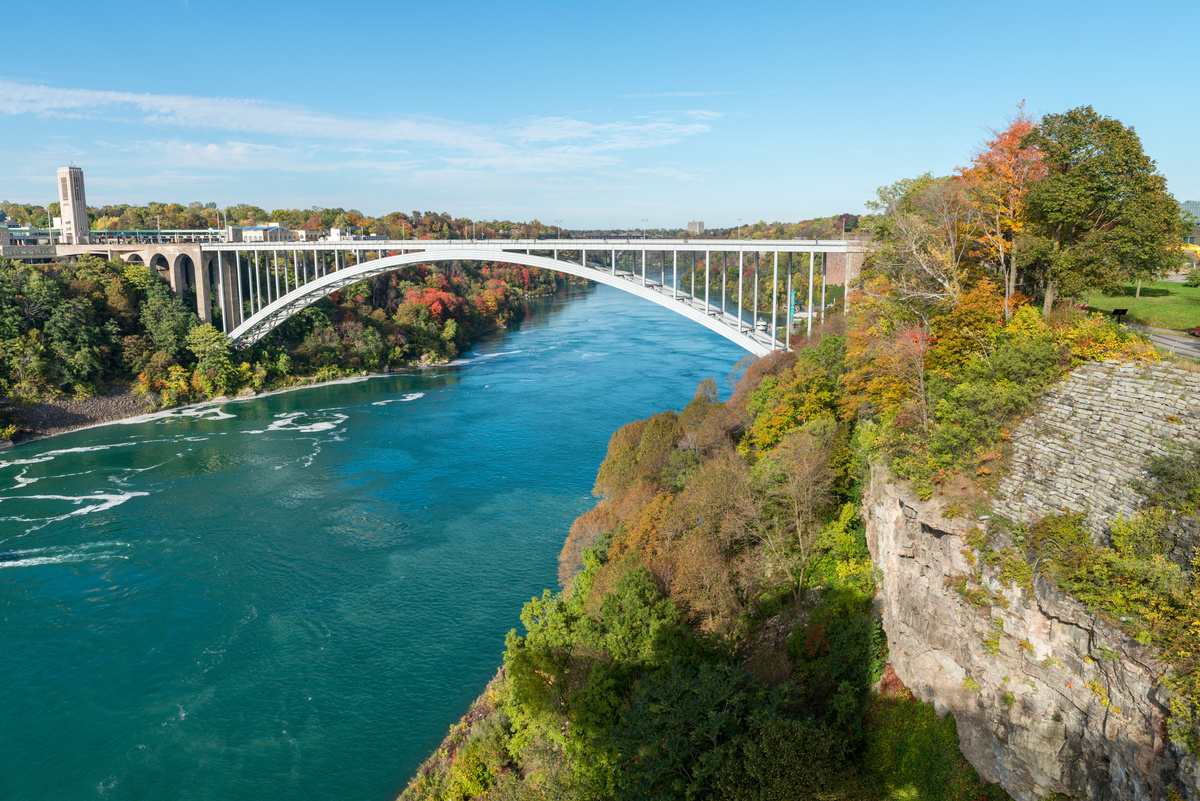 Pont Rainbow entre les États-Unis et le Canada et la rive environnante de la rivière Niagara par une journée ensoleillée.
