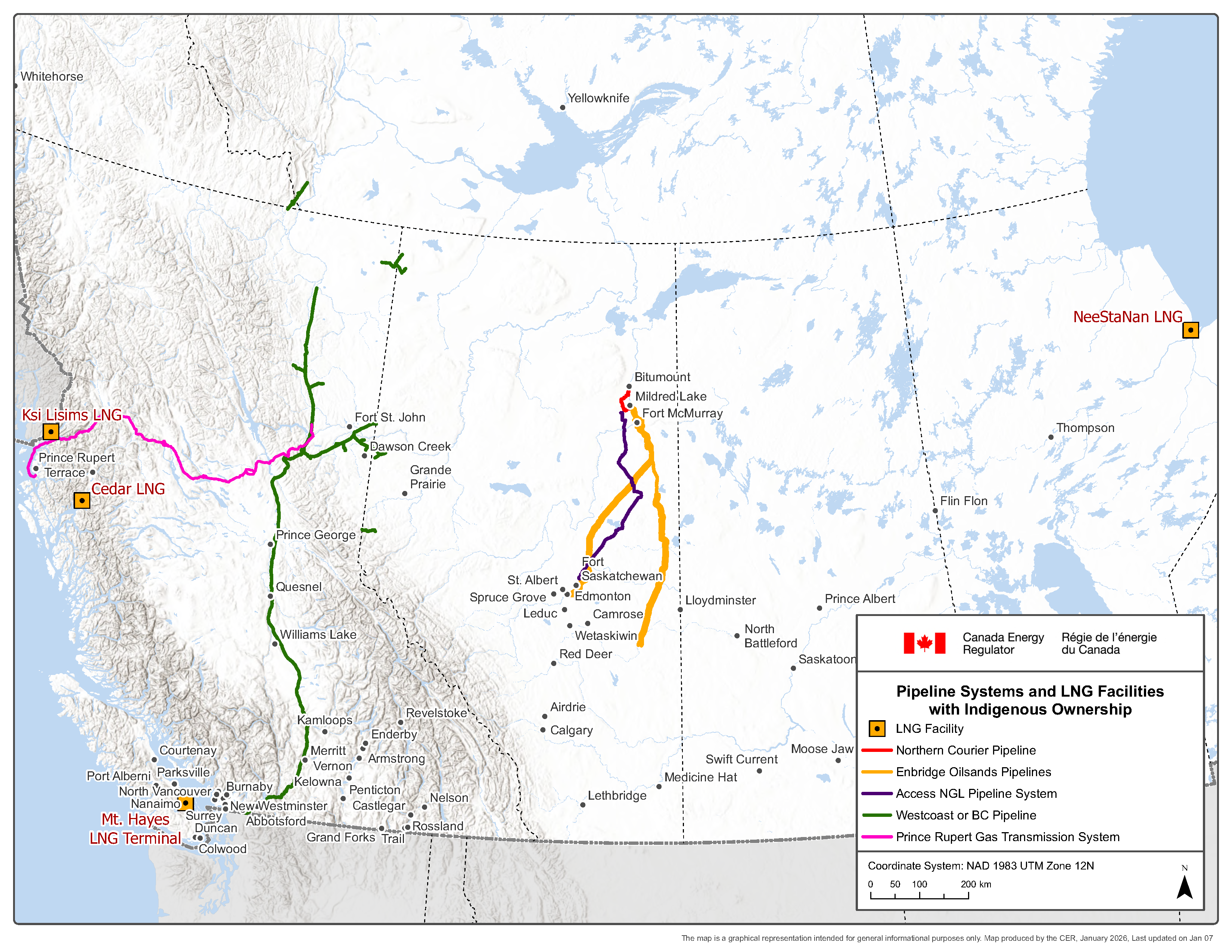 This map of Canada shows the locations of pipelines and LNG facilities that have Indigenous equity ownership.