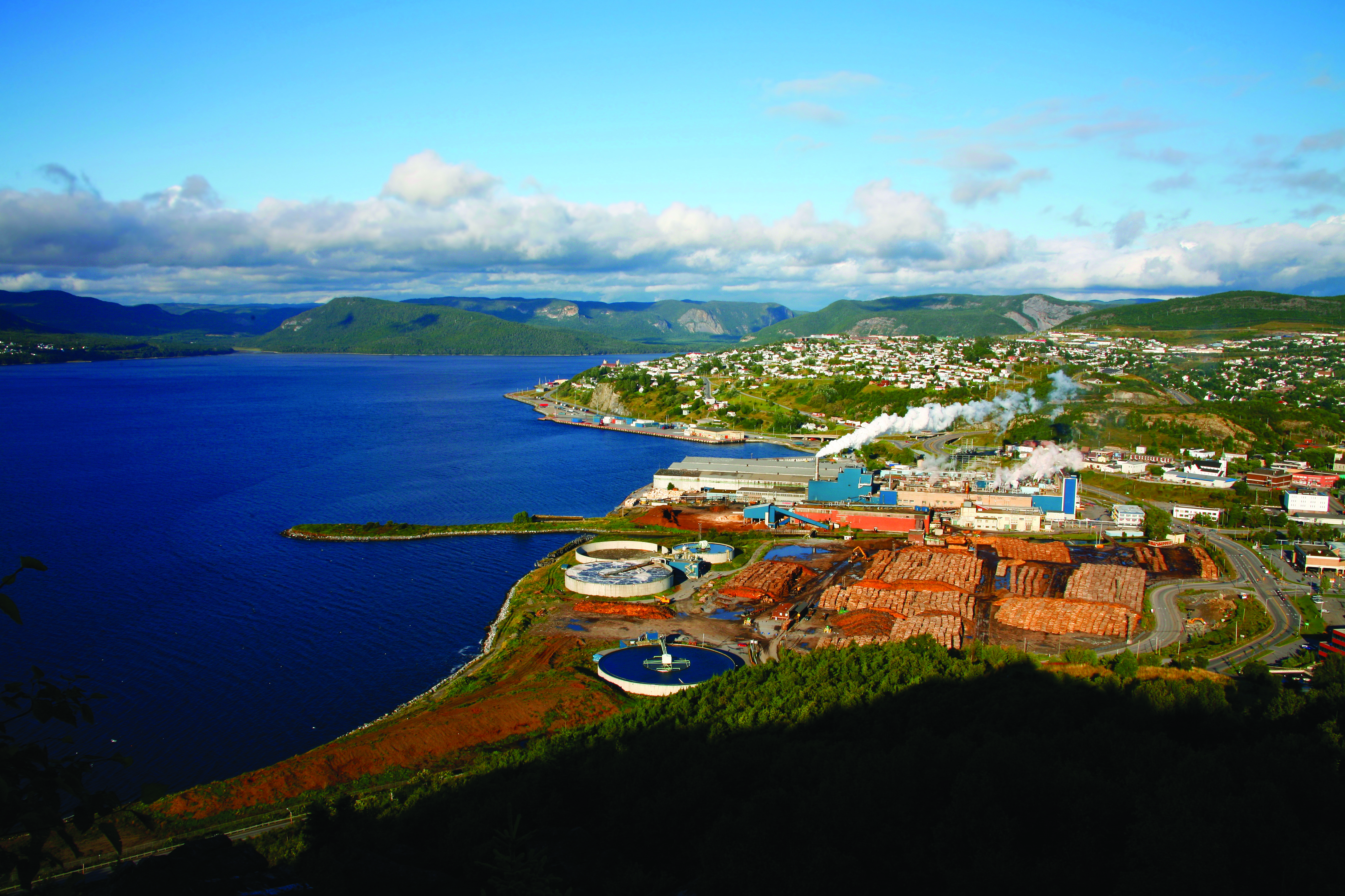 Aerial view of the Corner Brook Pulp and Paper Mill in Newfoundland. The mill sits on the coast of the Gulf of St. Lawrence.