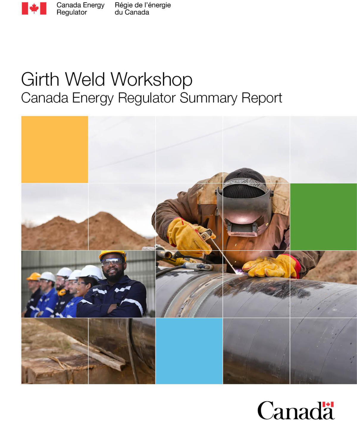 Person welding pipeline girth weld in the field and a lineup of industrial workers in personal protective equipment (PPE)