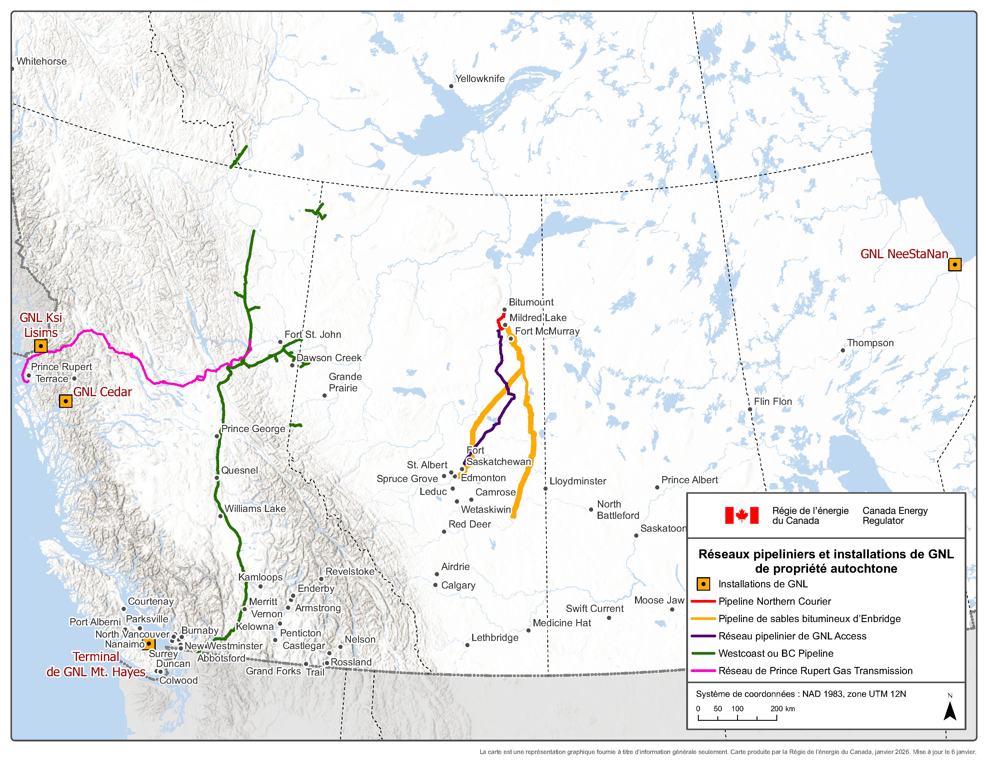 Carte du Canada indiquant les emplacements des pipelines et des installations de GNL auxquels des Autochtones participent à la propriété. 