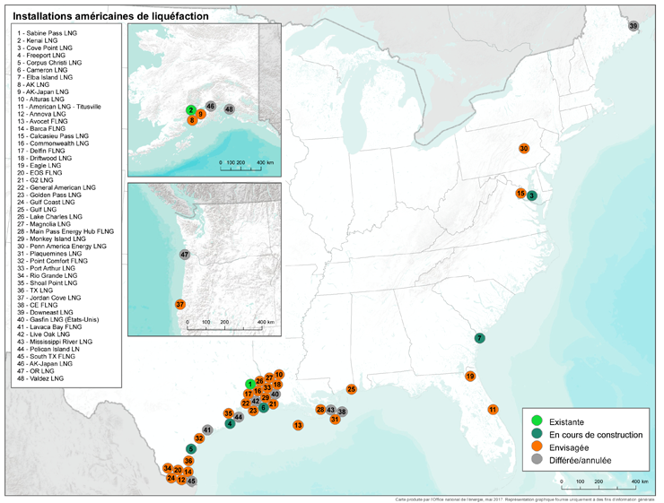 Figure 8 : Projets d’exportation et de liquéfaction de GNL aux États-Unis